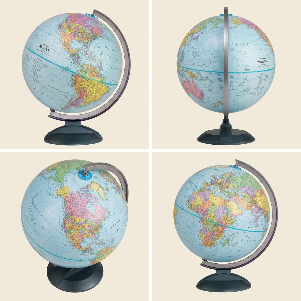 An ecommerce product variant matrix showing the Traveler 12-inch Blue Ocean Globe from four different angles.
