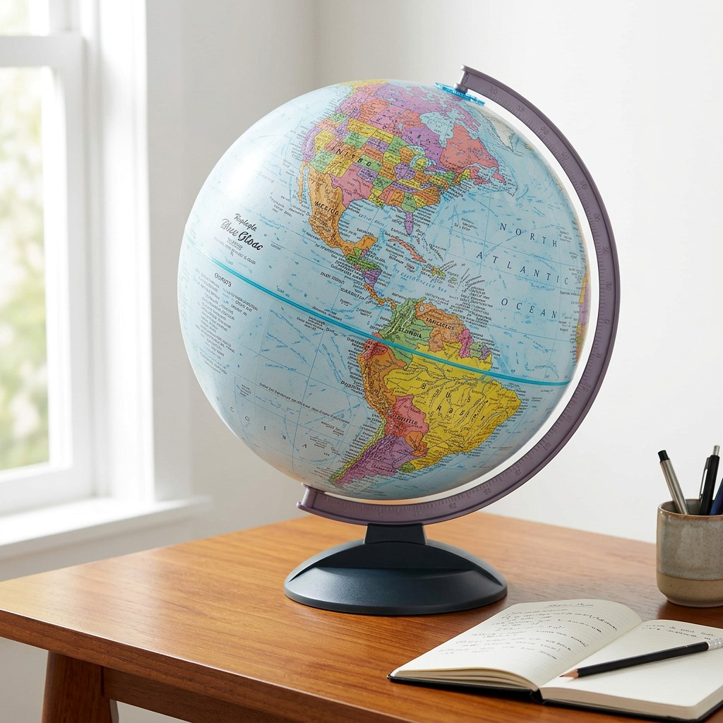 A 12" blue ocean Replogle desk globe rests on a wooden study desk next to a notebook.
