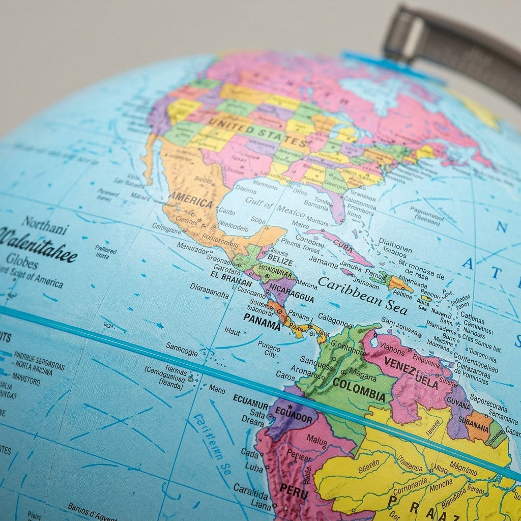 Close-up detail showing the crisp cartography and surface texture of the blue ocean desk globe.