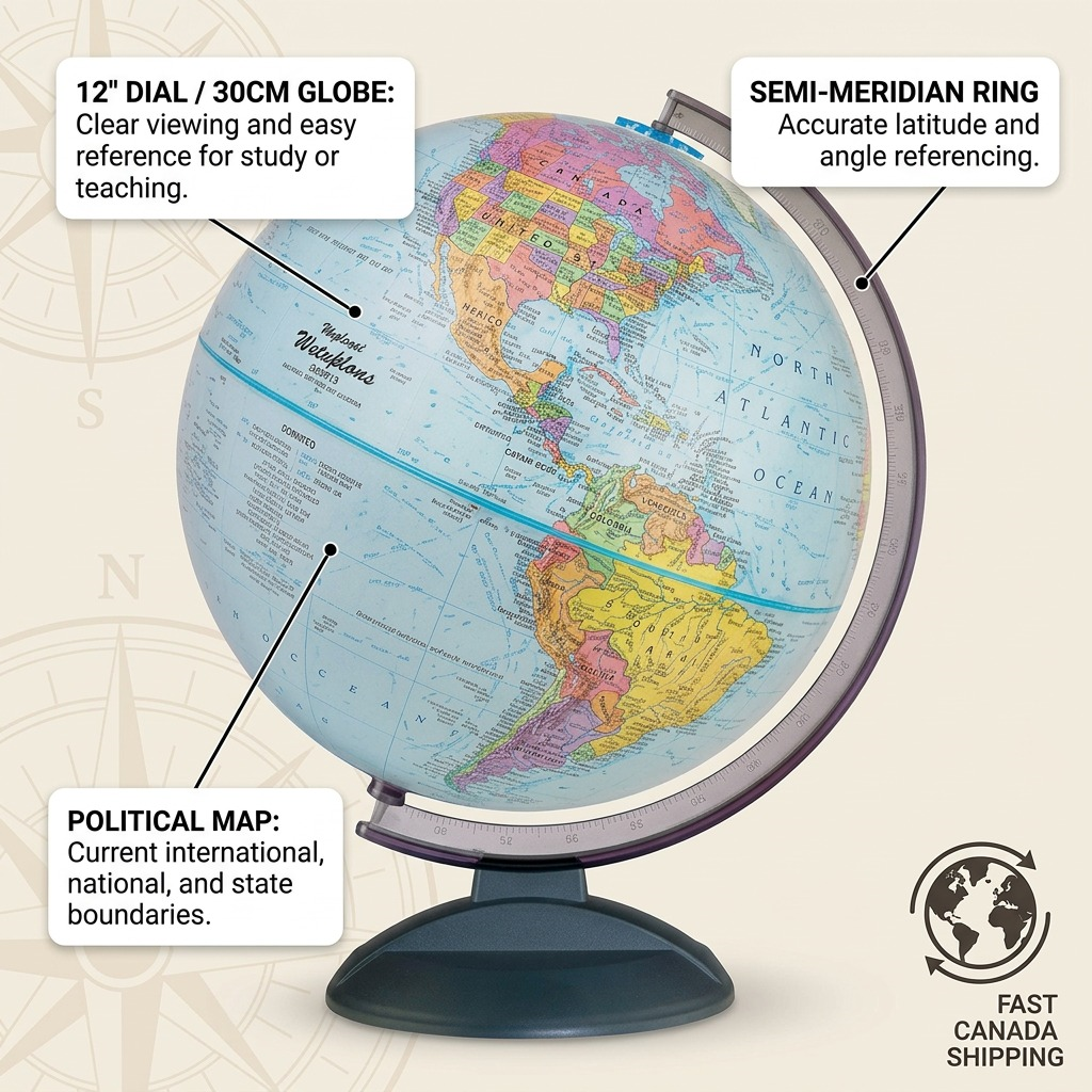 A infographic for the Replogle Traveler Globe showing its political map, 12" diameter, and semi-meridian.