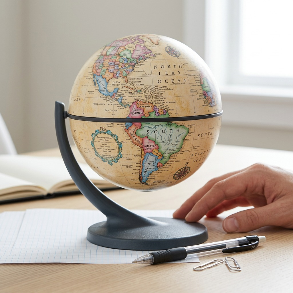 A scale comparison image shows the compact 4.3" Replogle Wonderglobe next to a pen and a hand on a desk.