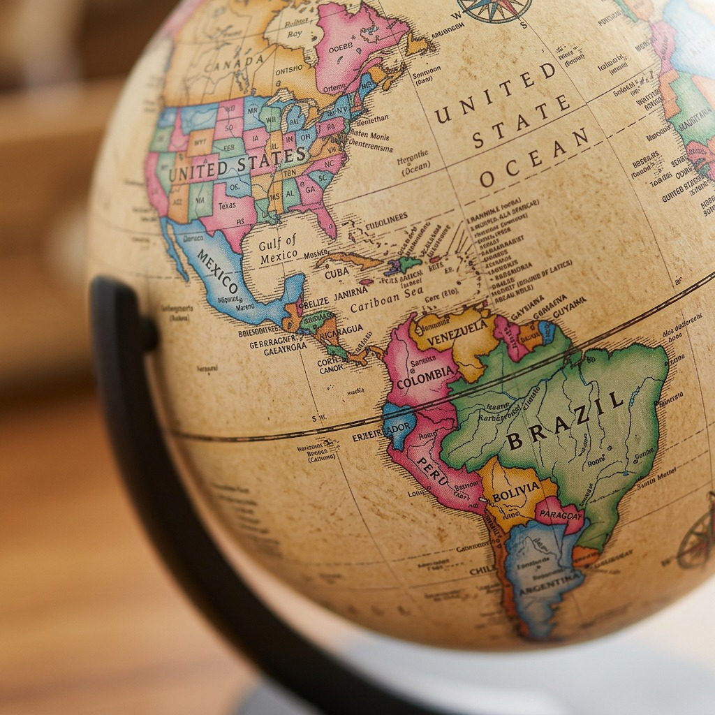 Macro view showing fine print detail on the antique ocean surface and colored map of the Replogle Wonderglobe.