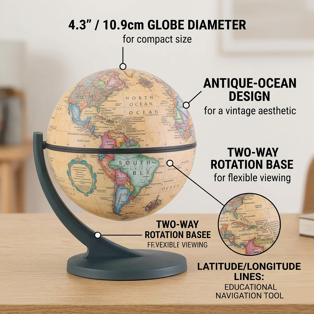 Replogle Wonderglobe 4.3" Diameter Antique Ocean Desk Globe with operational callouts highlighting key features.