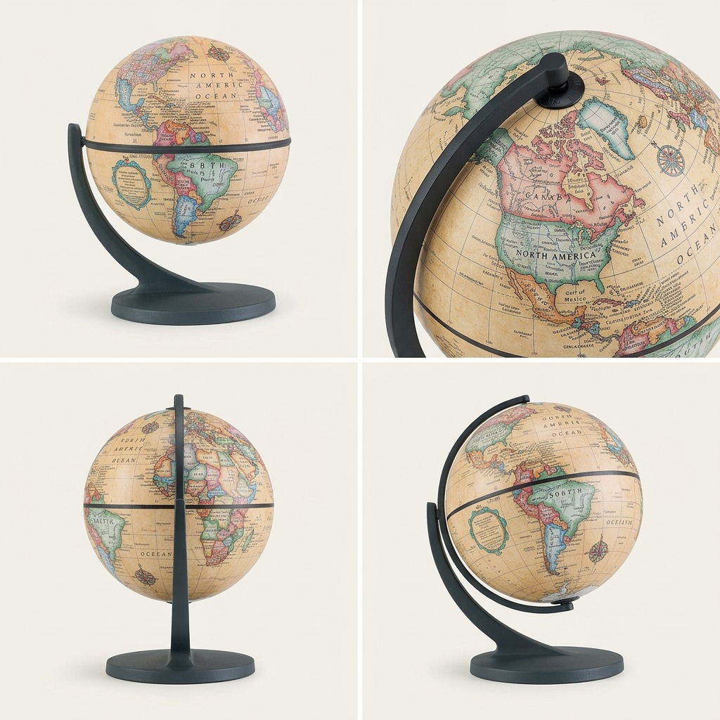 Grid display showing the 4.3" Wonderglobe from its front, a higher-angle, a side-profile view, and a close-up of the base socket.