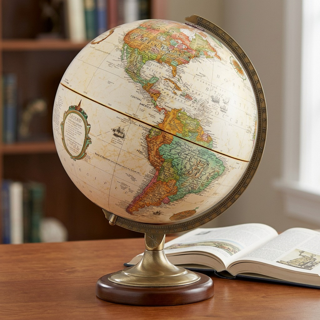 A photograph of the Antique Ocean Sierra 12" Desk Globe placed on a wooden desk next to an open book to show scale.