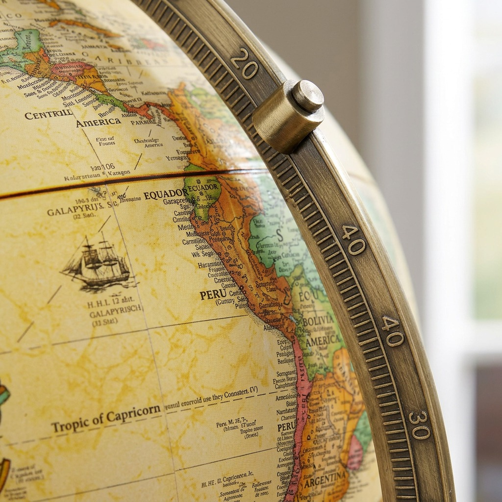 A macro close-up image showing the complex antique cartography and brass metal meridian detail of the Replogle Globes Sierra.