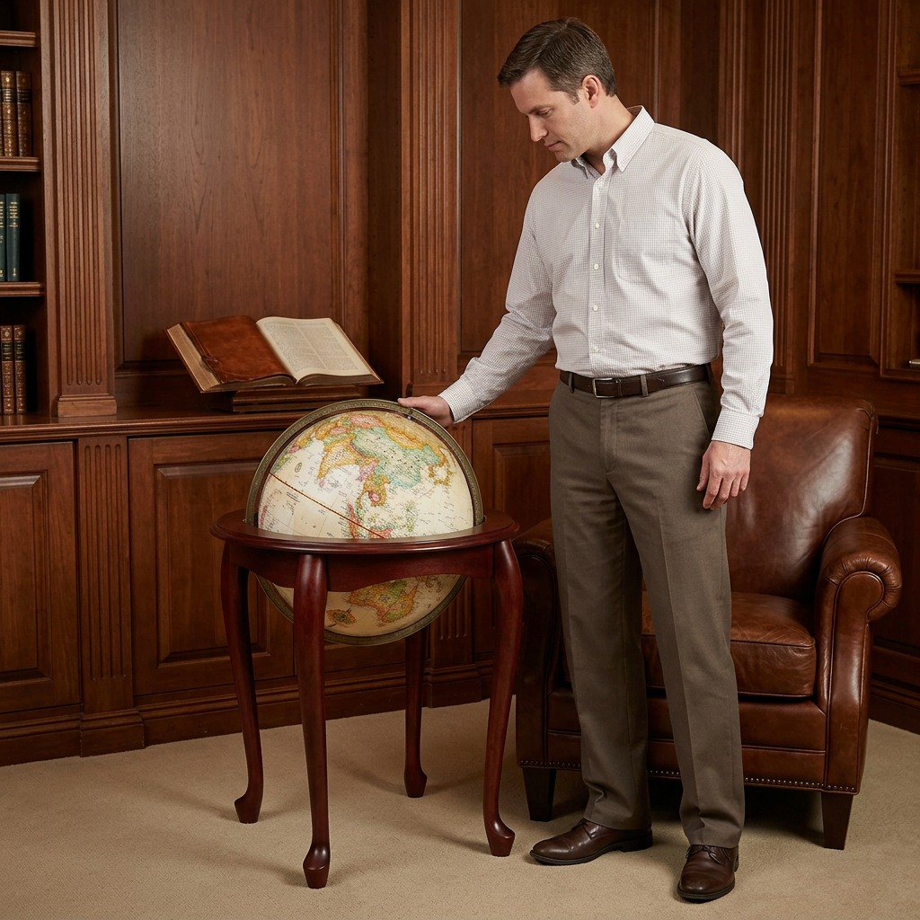 A photograph in a Queen Anne-style room showing the 16-inch antique ocean-style globe and stand positioned next to a classic wooden desk and armchair to illustrate scale.