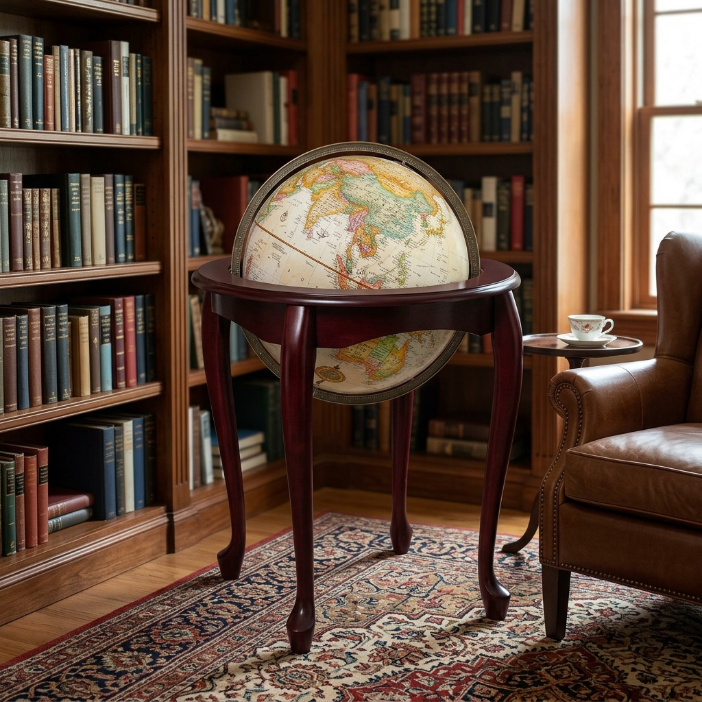 A large Queen Anne globe floor lamp sits in a scholarly home library with bookshelves.