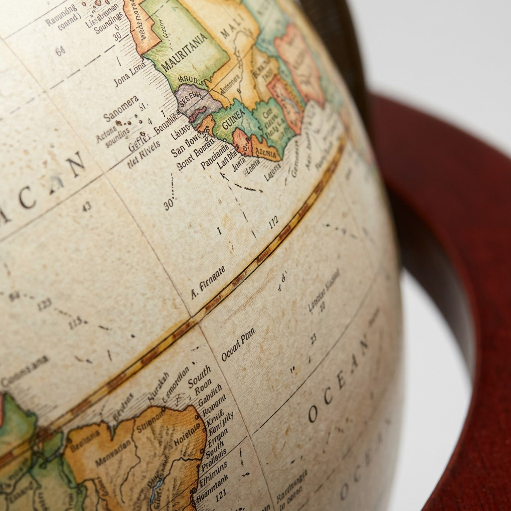 Extreme close-up of Queen Anne floor globe's antique paper gore texture, hand-applied onto the globe surface.