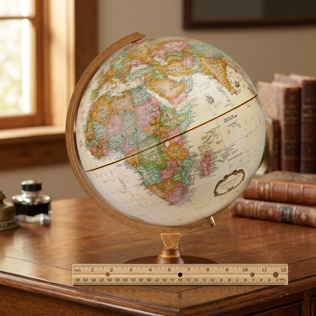 Replogle Hastings Globe with a 12-inch ruler for scale on a desk.