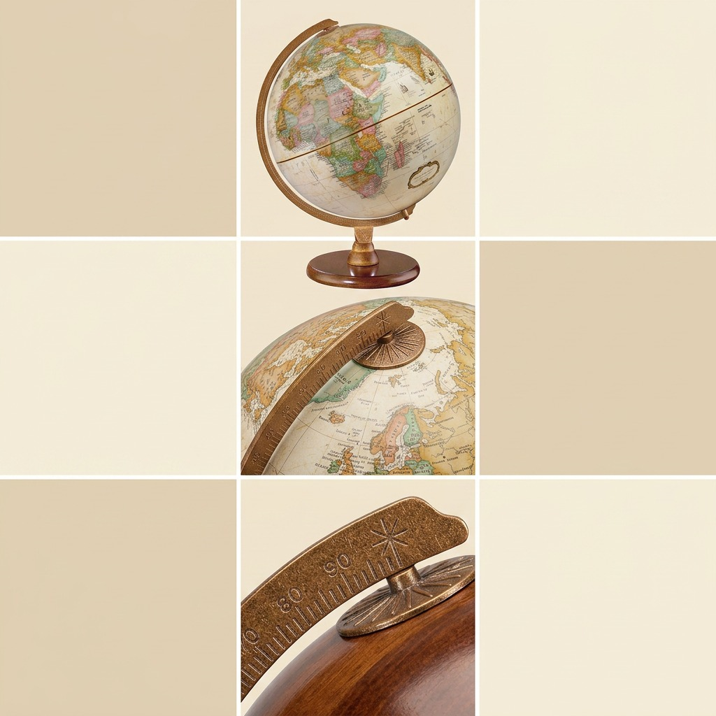 A matrix image displaying the Replogle Hastings Globe 31552 from three angles: a front-view, eye-level angle, a high-angle view, and a close-up of its base.