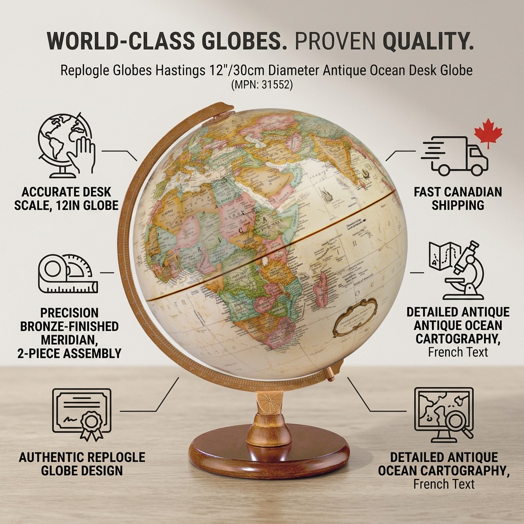 An infographic showing the antique globe from image_0.png with five icons and short text bubbles surrounding it. They say: COMPACT DESK SCALE, 2-PIECE BRONZE MERIDIAN, SOLID WOOD BASE, EXPEDITED CANADIAN SHIPPING, AUTHENTIC REPLOGLE.