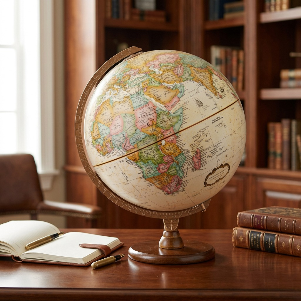 Lifestyle photo of the Replogle Hastings antique ocean desk globe on a dark wood study desk beside a leather notebook.