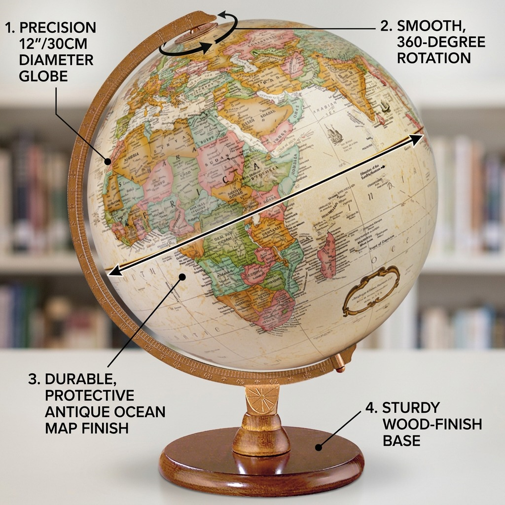 Operational feature callout graphic for the Replogle Hastings 12" French language antique ocean desk globe (MPN 31552). Four factual callouts: 12-inch precision sphere, smooth 360-degree rotation, durable protective map finish, and sturdy wood-finish base.
