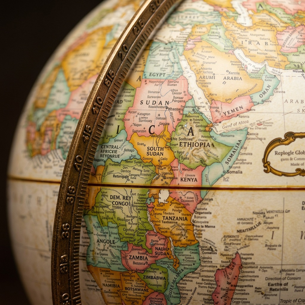 Extreme close-up macro photograph focusing on the detailed print surface of the Replogle Hastings Globe against the textured metal meridian, showing precise cartography and clean text.