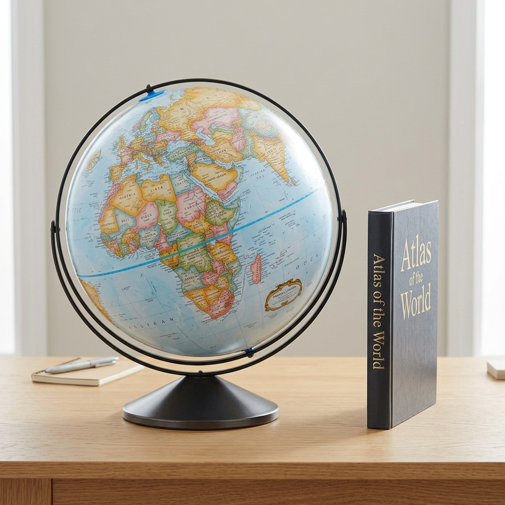 Replogle Eureka 16-inch globe next to a hardcover book on a desk for size comparison.