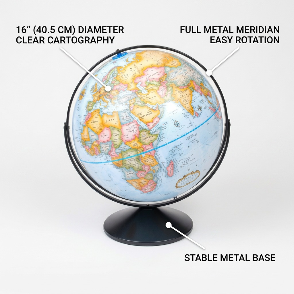 A feature infographic of the Replogle Eureka globe, highlighting its 16" diameter, easy rotation, and stable metal base with clean callouts.