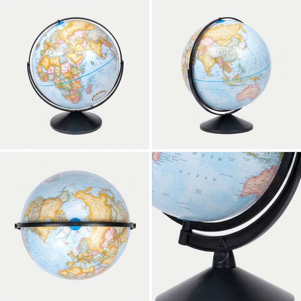 A 2x2 grid matrix showing the Replogle Eureka globe from front, three-quarter, top, and close-up views.