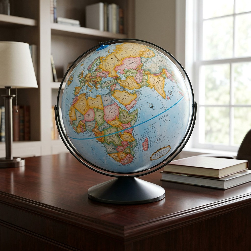 ~ A lifestyle photograph of the Replogle Eureka globe on a wooden home office desk, illuminated by natural daylight.