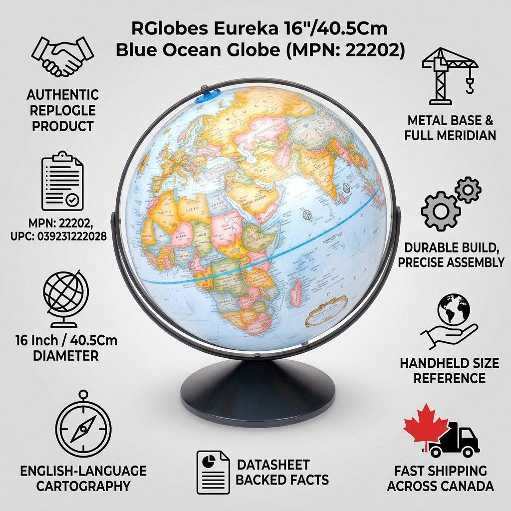 A clean product detail page visual featuring the Replogle Globes 22202, showing its blue ocean globe and black metal stand. Surrounding the globe are various trust and build indicators: a handshake icon for "AUTHENTIC REPLOGLE PRODUCT" (with correct MPN), a metal structure icon and gear, a Canadian flag icon and a shipping truck, dimensions, and English-language cartography cues, all emphasizing quality and factual details with clean, neutral styling.