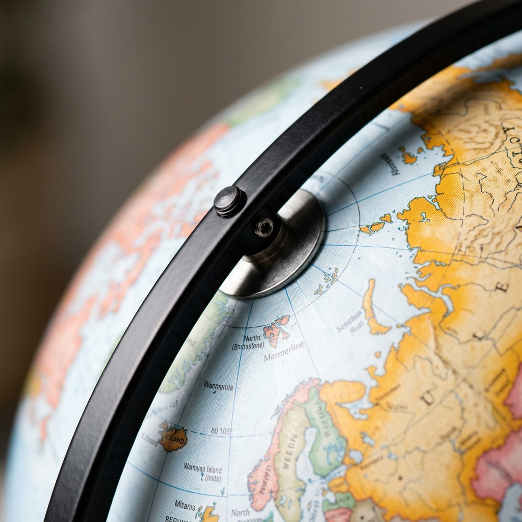 A macro close-up image showing a globe with map details and a black metal meridian.