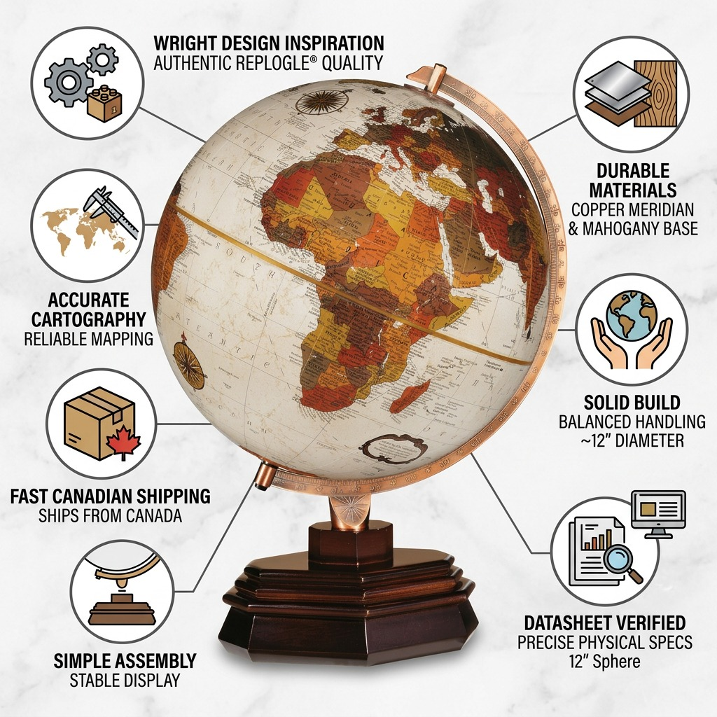 A product infographic for the Replogle Usonian globe, centered on the physical product and surrounded by clean icons and factual text about its materials, design, accuracy, and quick shipping from Canada.