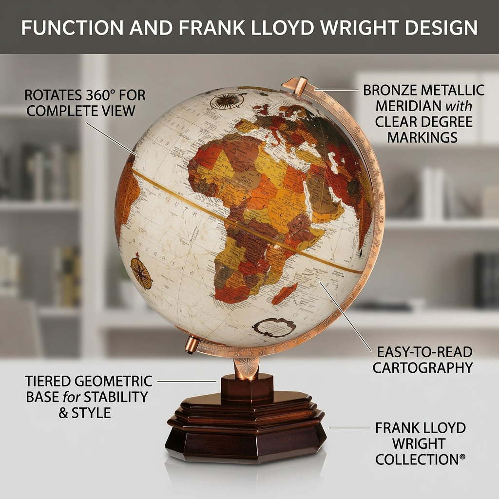 A visual feature callout graphic for the Replogle USONIAN Bronze Metallic globe, highlighting rotation and design details.