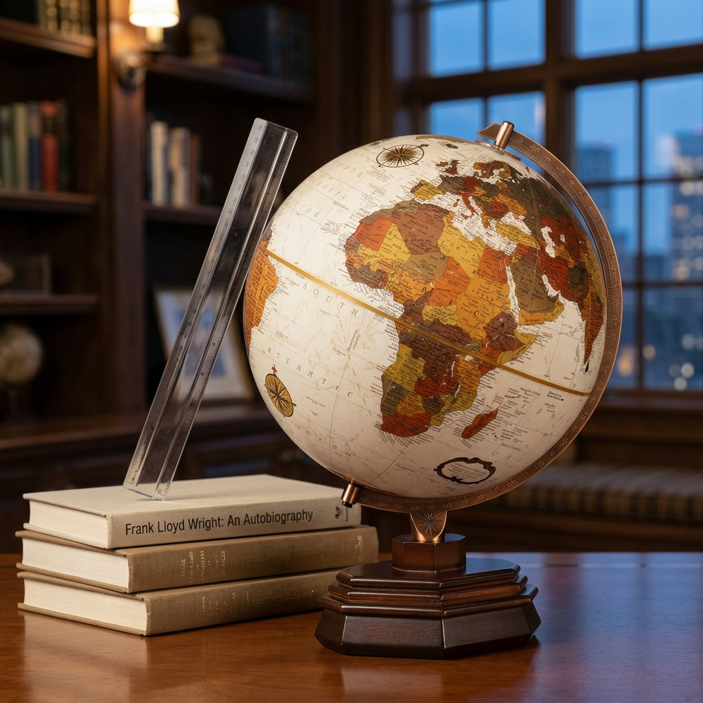 Replogle Frank Lloyd Wright globe on wooden base alongside stacked books for a clear size reference.
