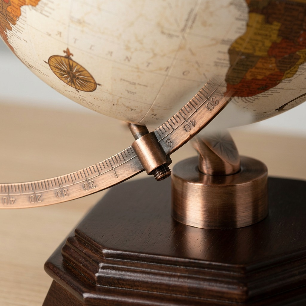A macro inspection of the Usonian globe's brushed copper meridian ring and wood base detail.