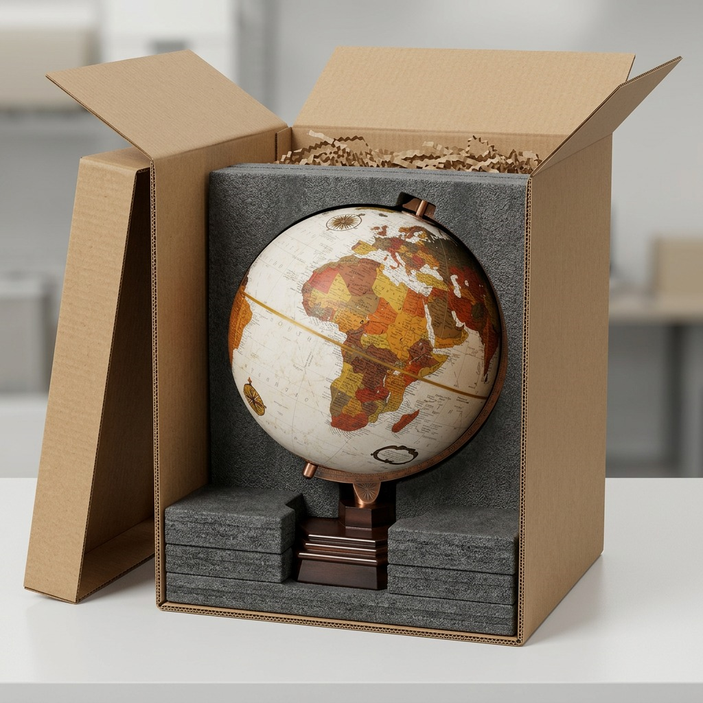 A shipping box with custom foam inserts secures the USONIAN globe for safe, damage-free unboxing.