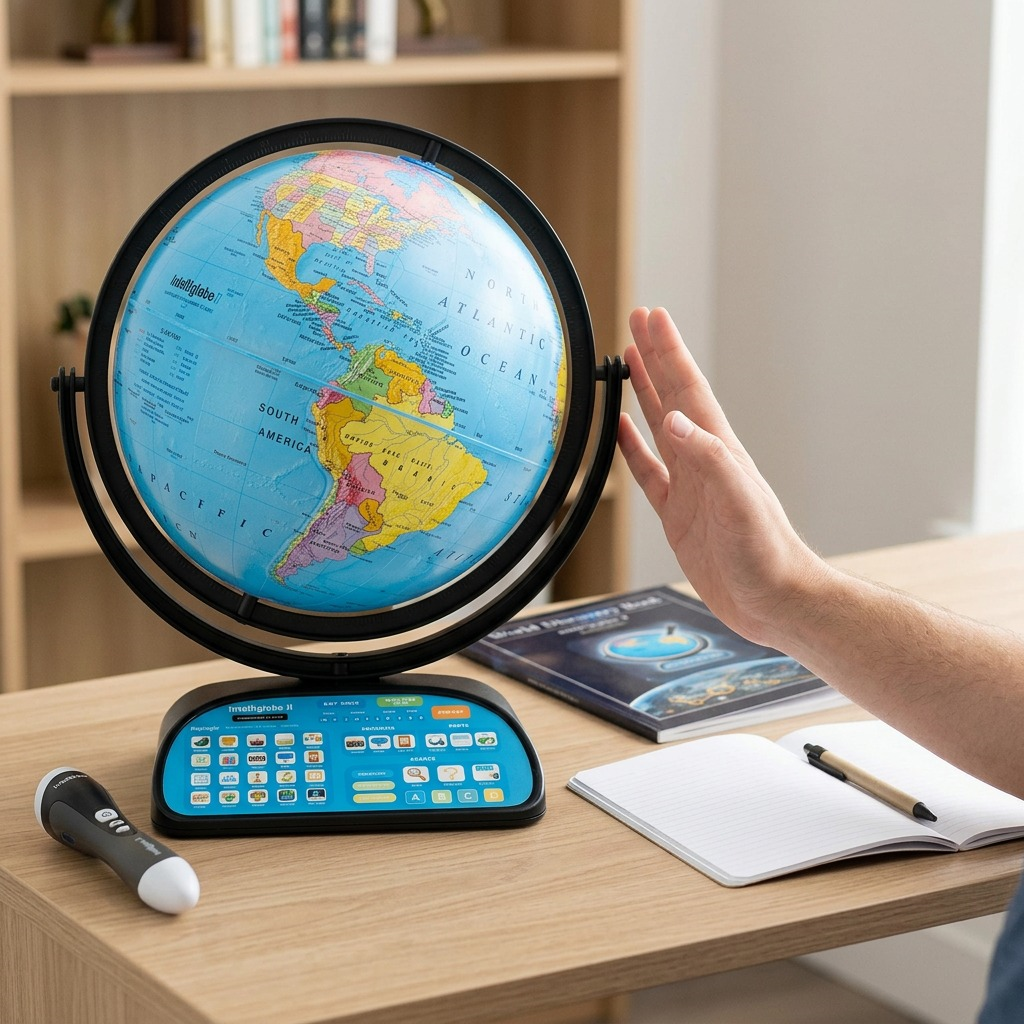 A scale photo featuring the interactive Intelliglobe II, book, and pen on a desk next to a human hand.