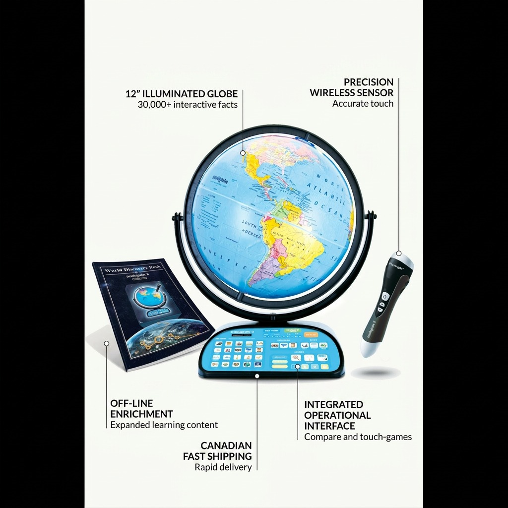 Replogle Intelliglobe II visual matrix showcasing operational features like 30,000+ facts and wireless IntelliPen.