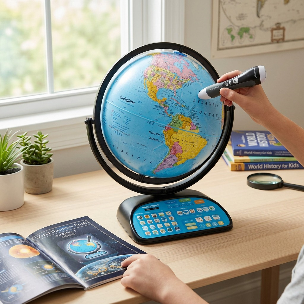 Lifestyle shot of the Replogle Intelliglobe II, book, and pen on a home desk, with natural window light.