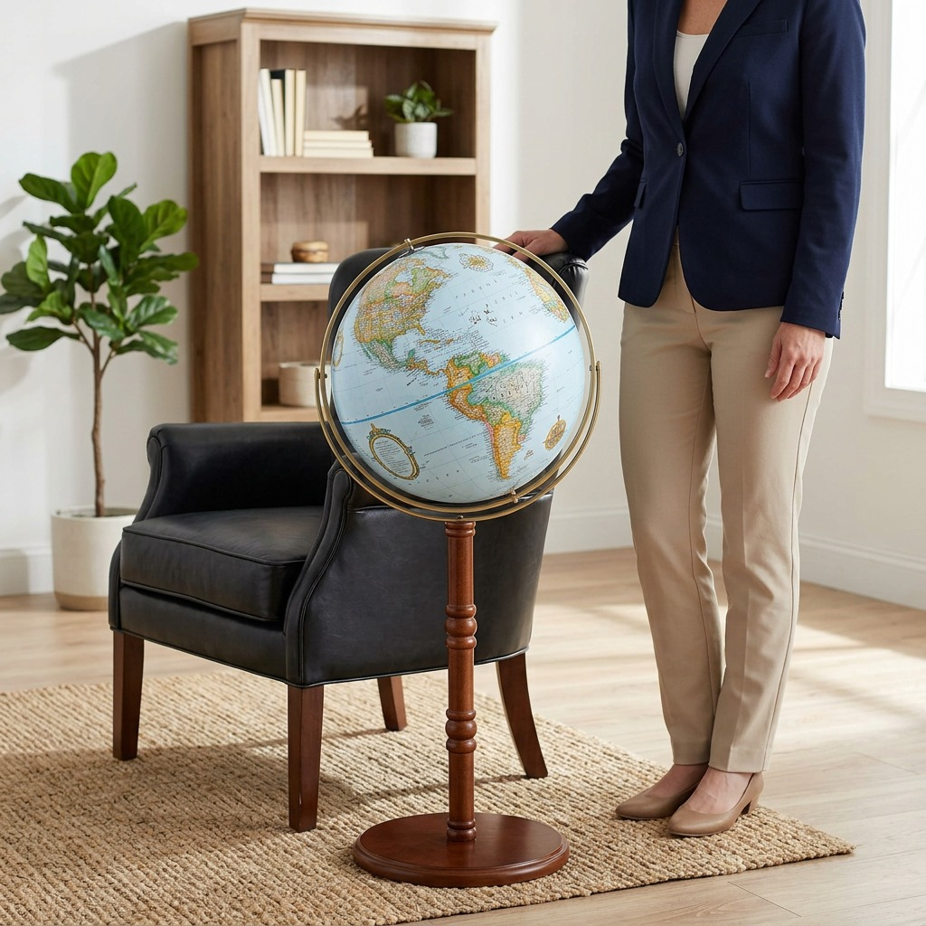 The Replogle Edinburgh floor globe stands accurately next to a standard leather armchair in an office.