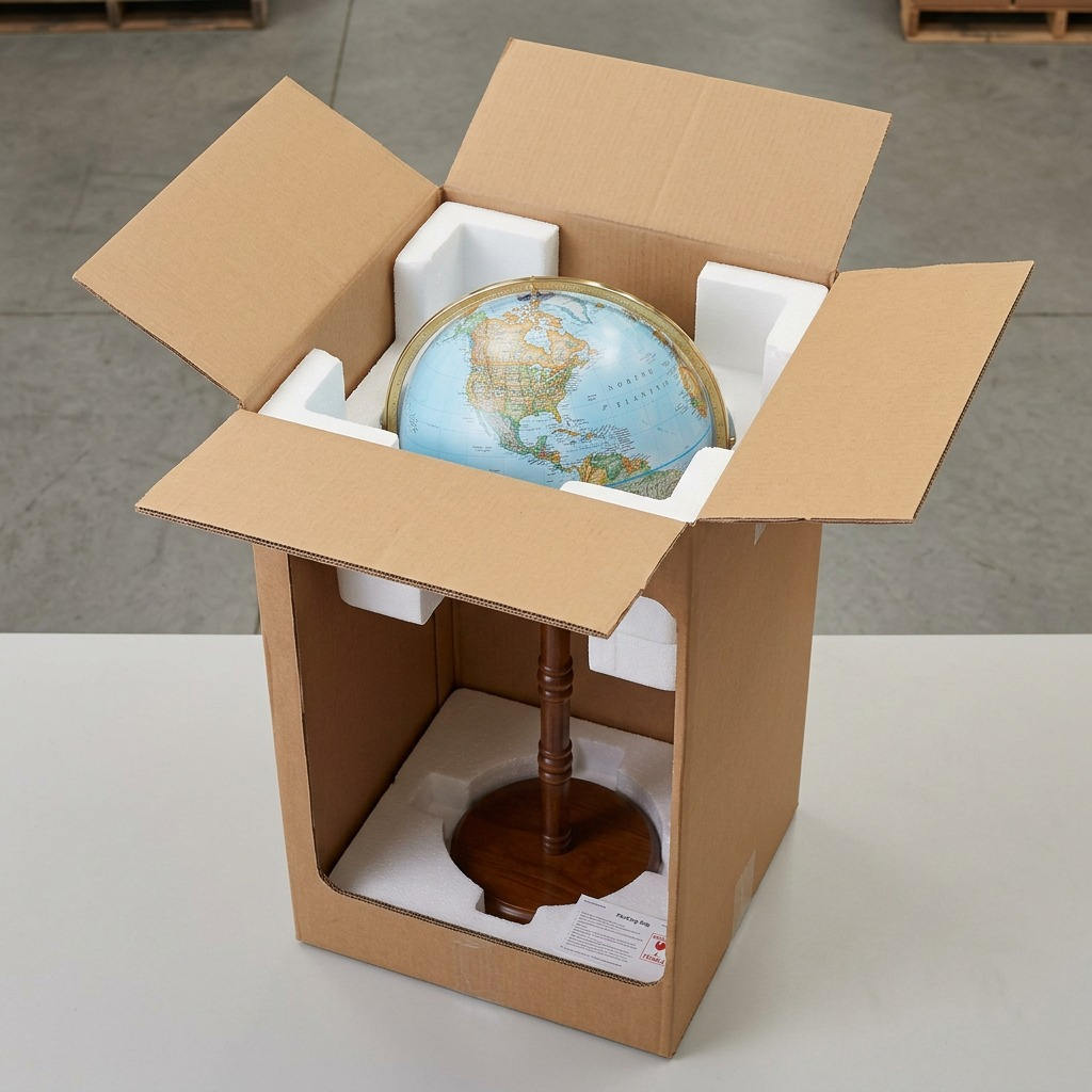 Product image of the globe inside its open, protective shipping carton.