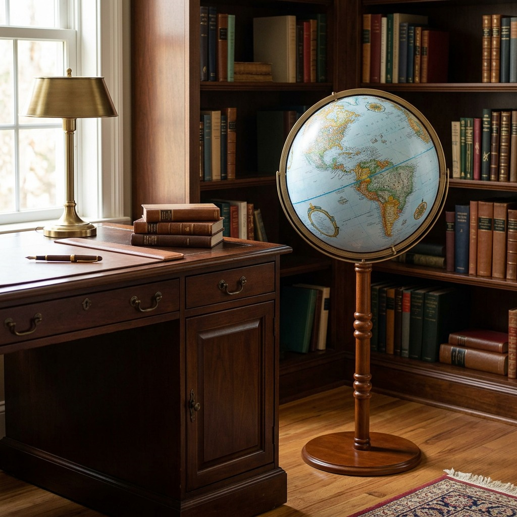 Replogle Edinburgh 16-inch floor globe on stand, with blue ocean cartography, in a home library with bookshelves and desk.