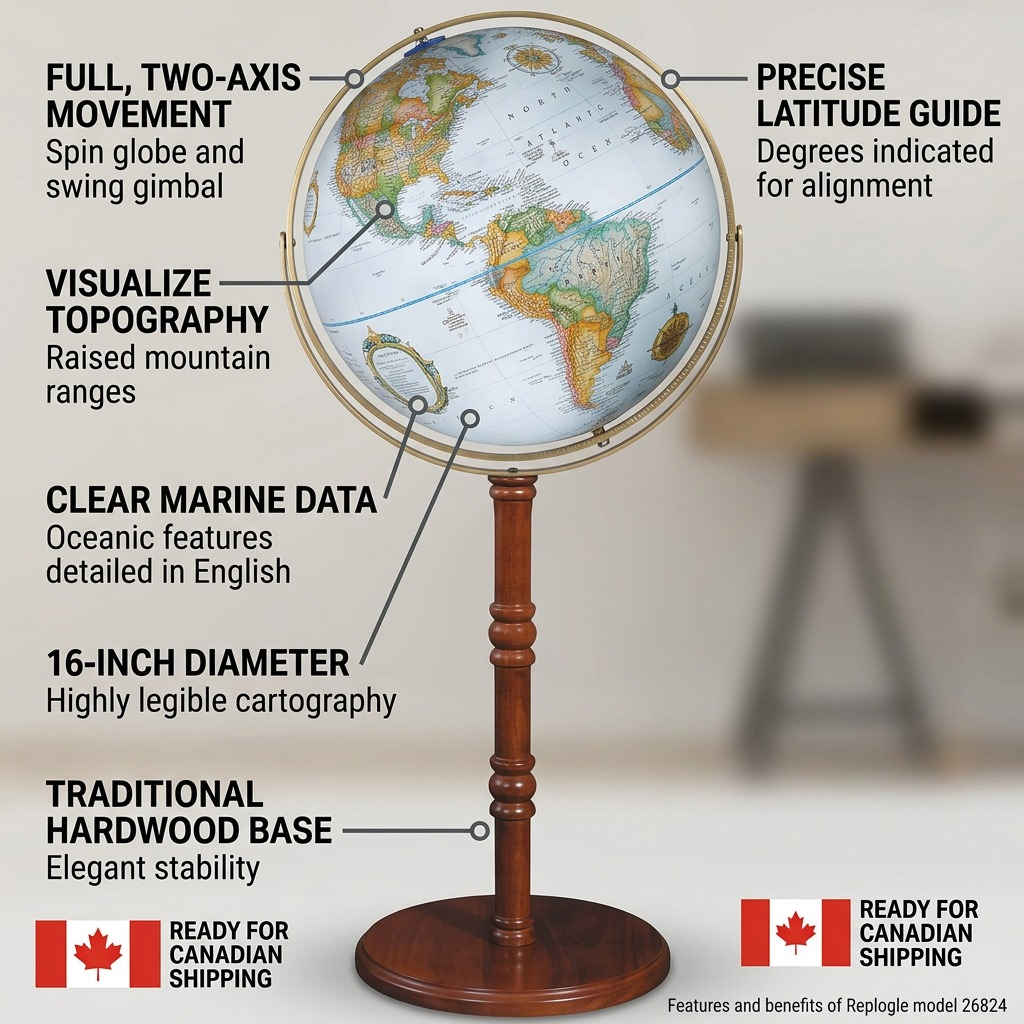 A clean ecommerce feature graphic highlighting the dual-axis meridian and detailed raised-relief of the Replogle Edinburgh floor-standing globe.