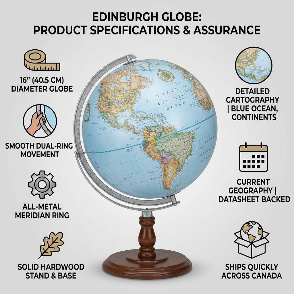 Infographic for the Replogle Edinburgh 16" globe detailing specifications and shipping information.
