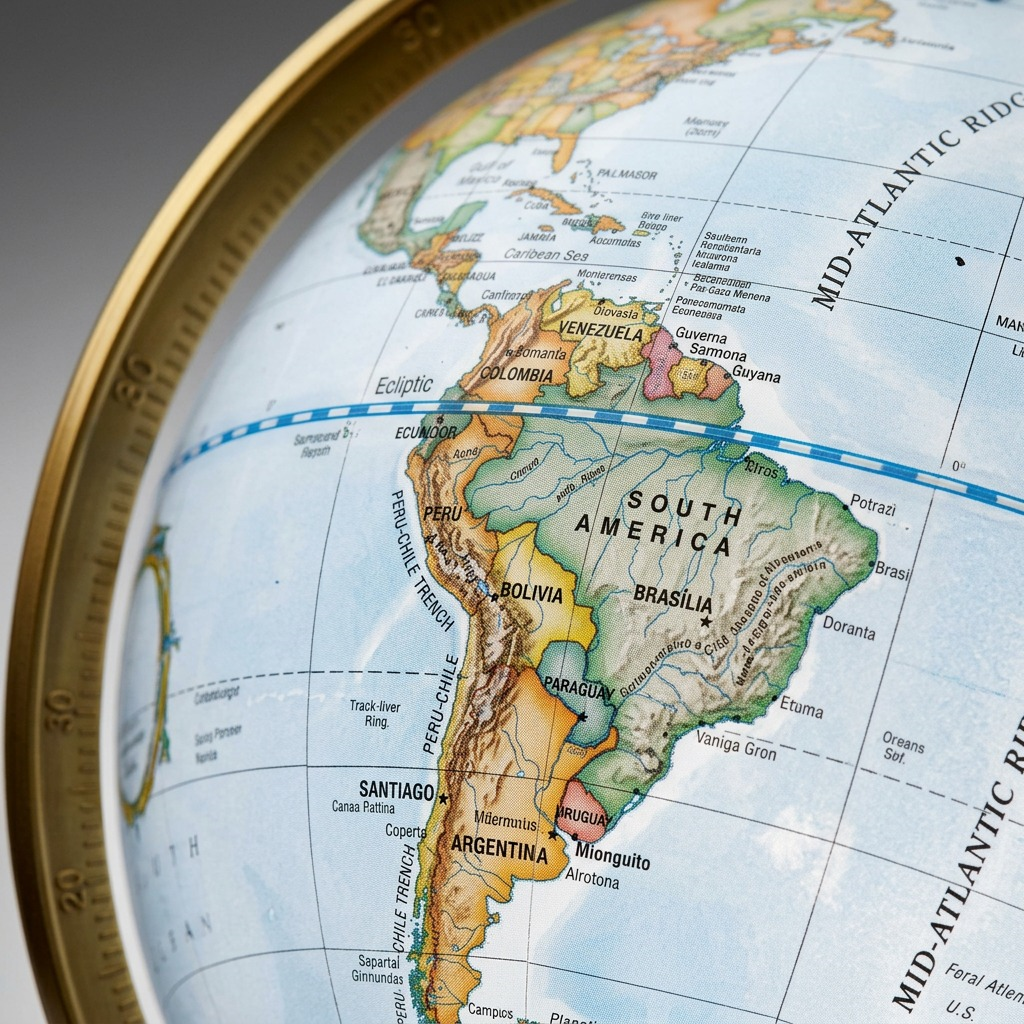 A macro view of the physical globe map surface from image_0.png, showcasing the printed boundaries, ocean ridges, and latitude lines.