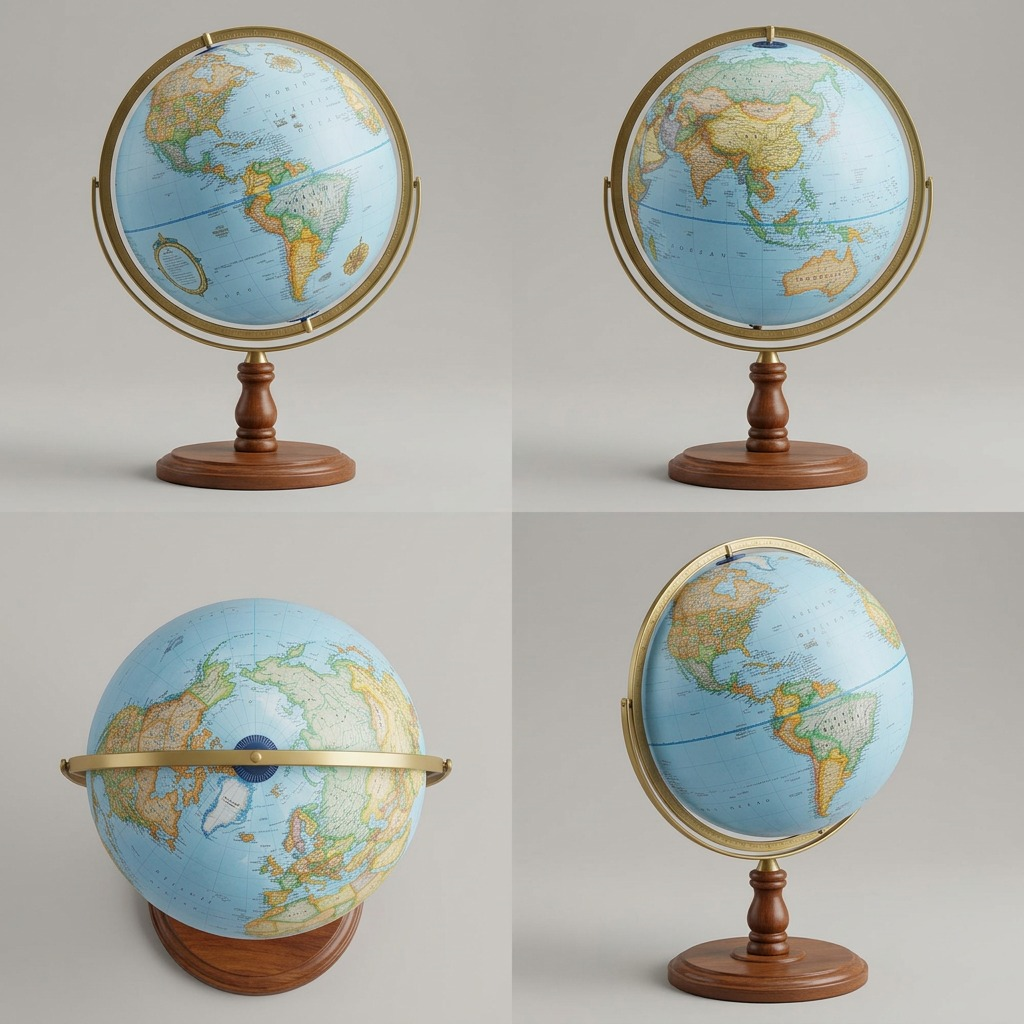 Multiple views of the Replogle Edinburgh world globe show different angles and maps in a matrix style.