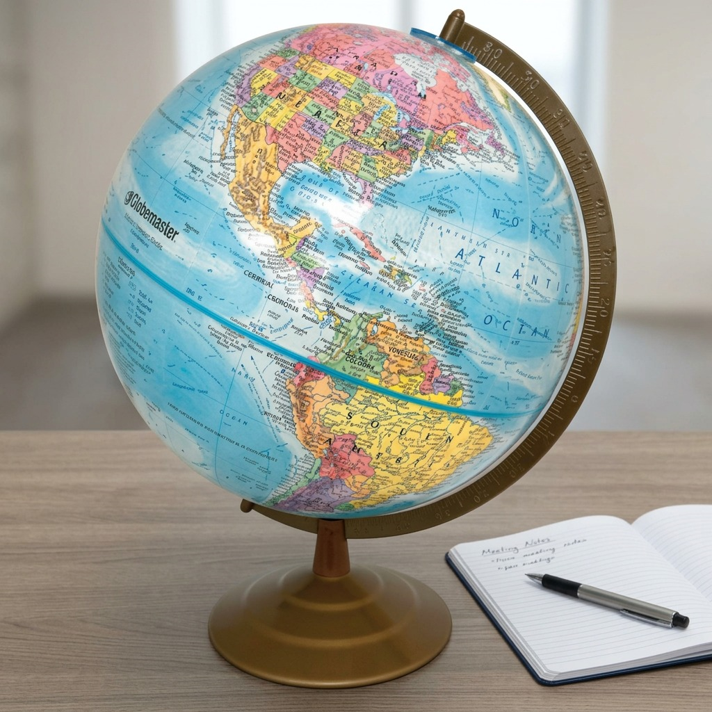 A scale reference photo showing the 12-inch Replogle globe on an office desk next to a standard pen and notepad.