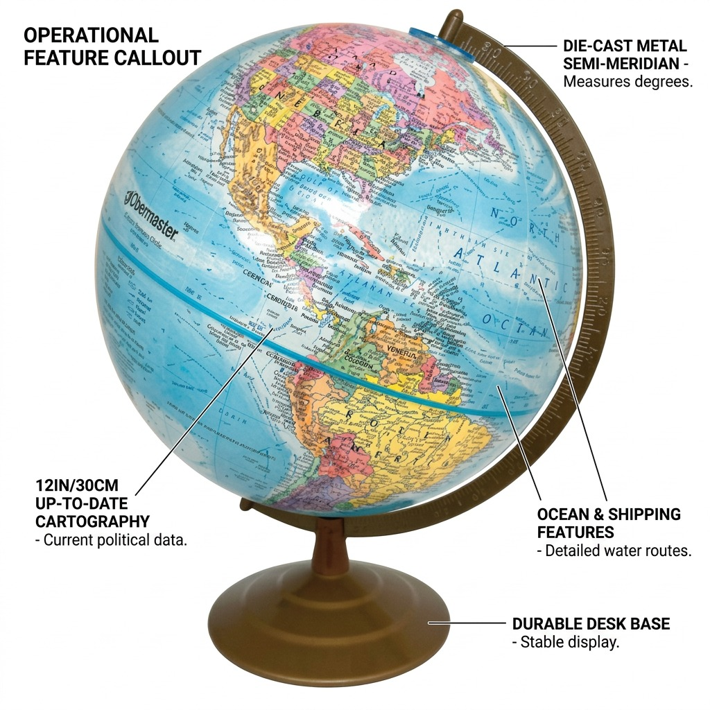 Product graphic showing key operational features of the 12" blue ocean globe with metal meridian.