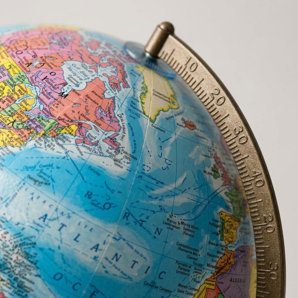 Macro photo detailing the sharp cartography, vibrant colors, and meridian markings of the desk globe.