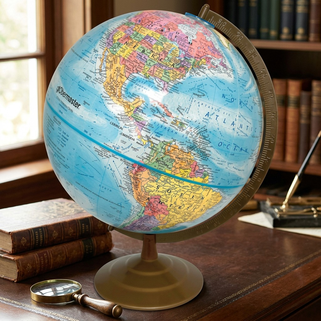 A detailed photograph of the Replogle Globemaster blue ocean desk globe on a classic mahogany study desk, with natural window light illuminating the detailed map.