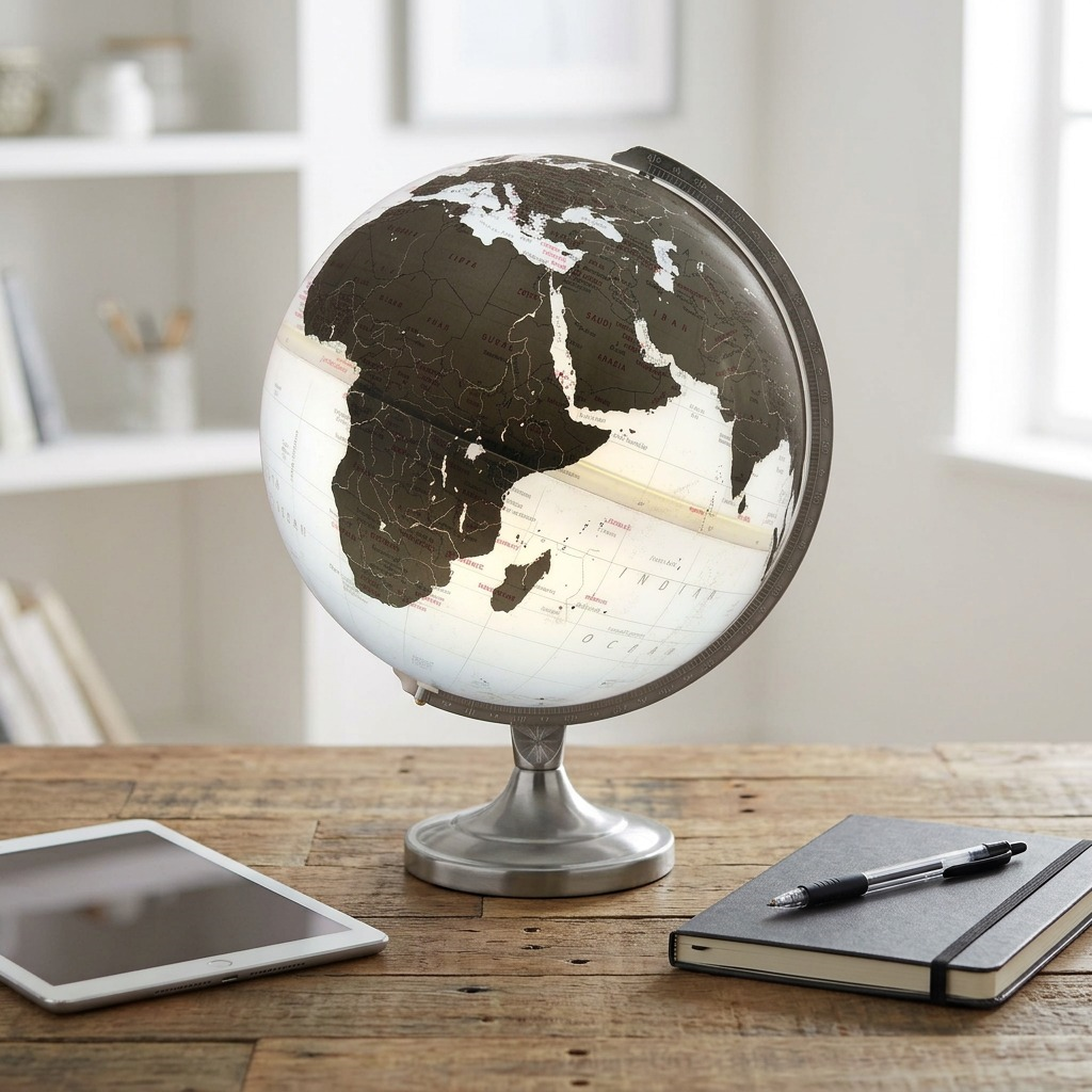 Standard eye-level photo of the KRISTIAN globe on a desk next to an open notebook and tablet.