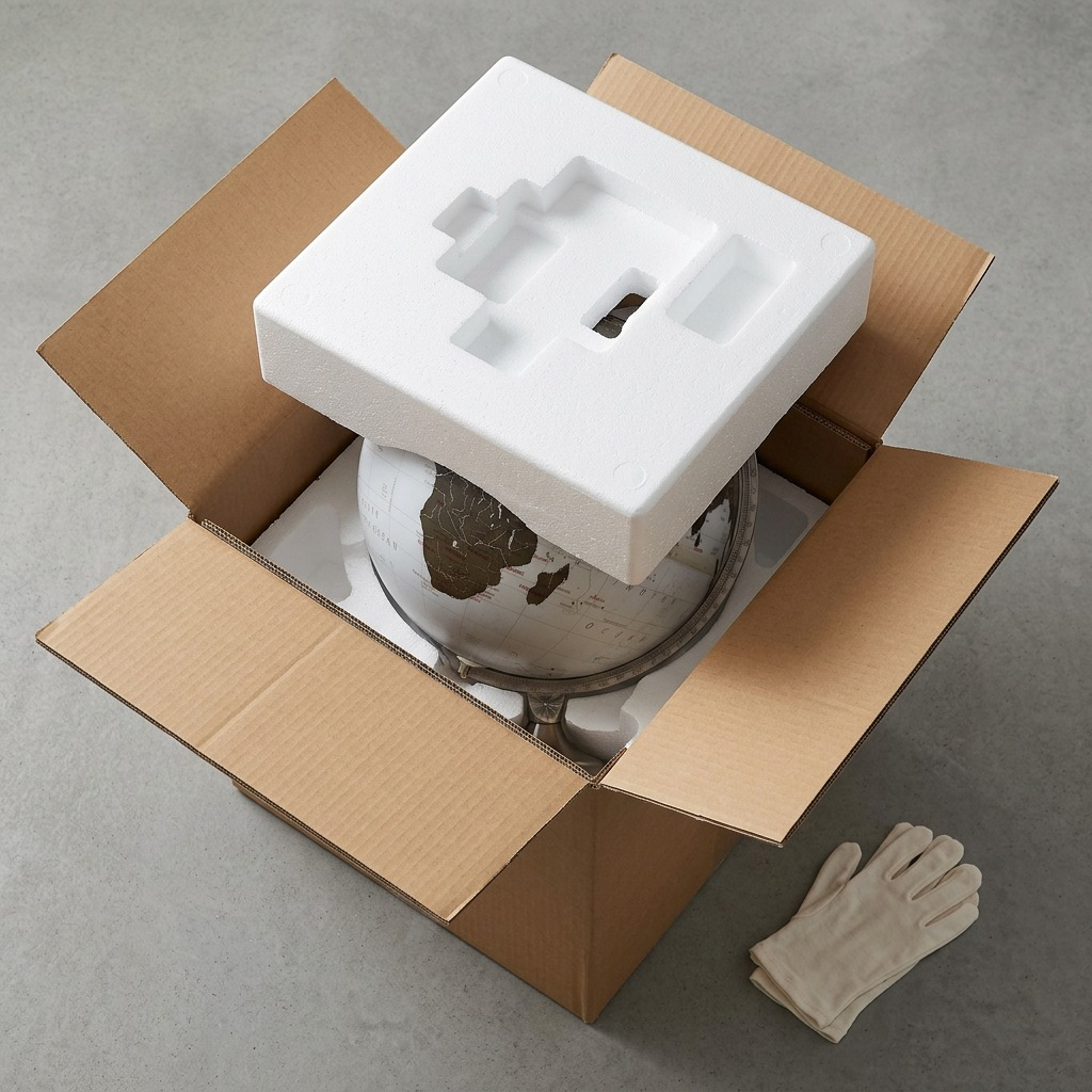 Premium protective shipping foam cradles the Kristian illuminated bronze globe within a heavy-duty box.