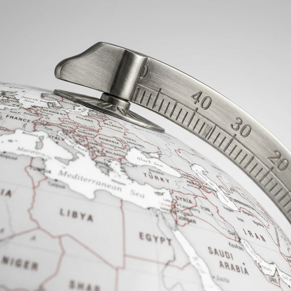 An extreme close-up of the Randmar Q307K57Q75U4C7V2W8 metal globe meridian, featuring its detailed degree markings.