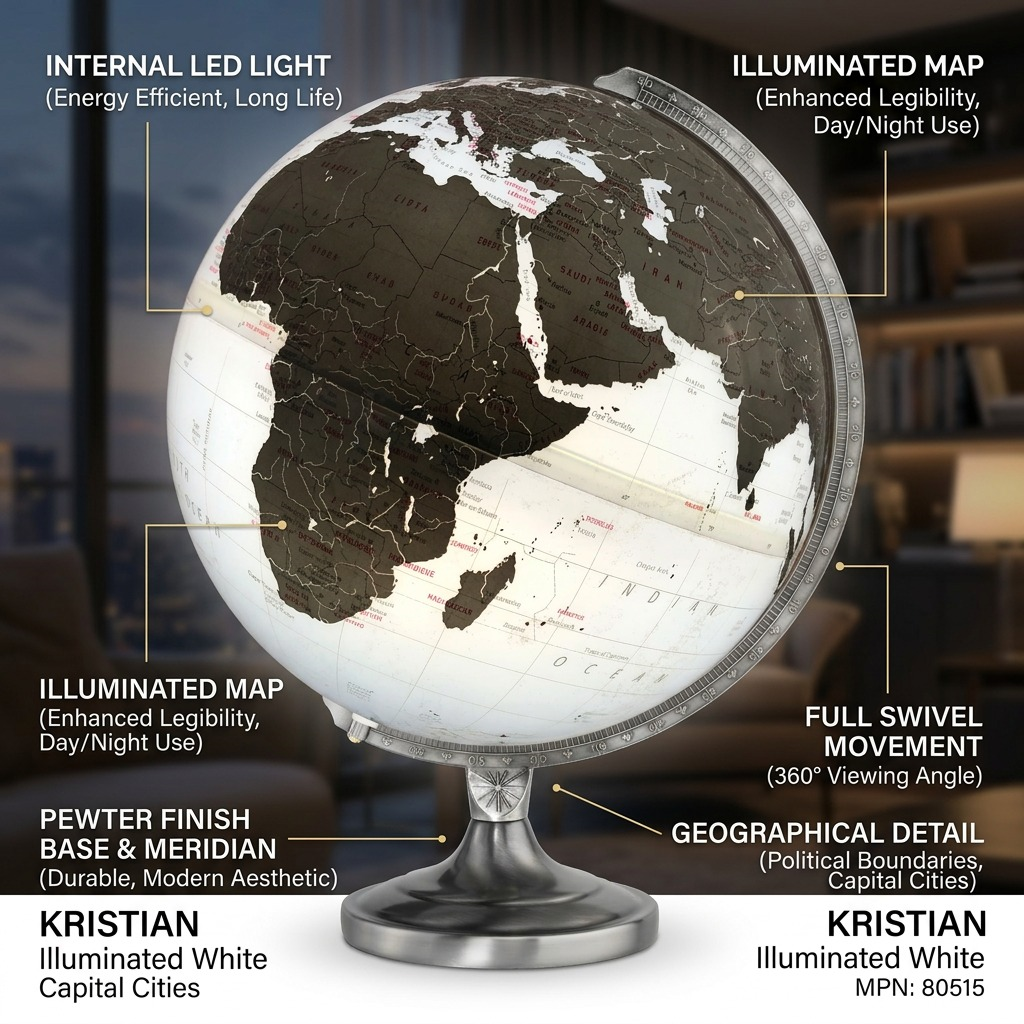 Replogle Globes KRISTIAN Illuminated White operational feature callout in an elegant home setting.
