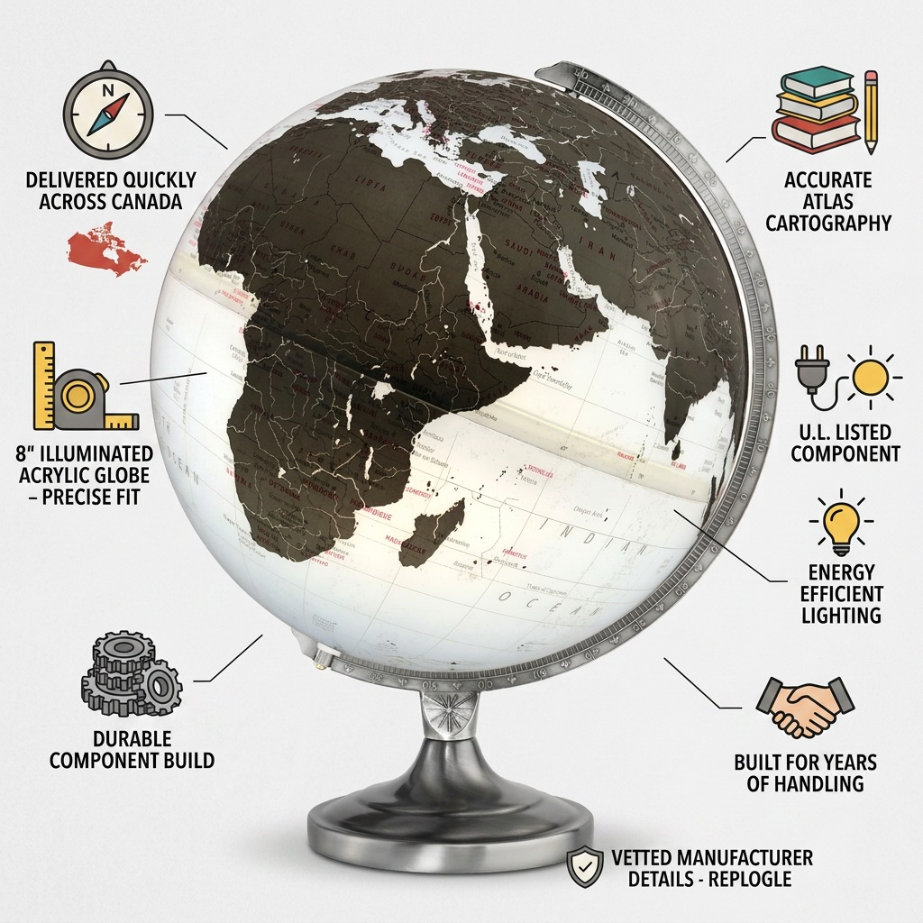 Infographic of the Replogle Globes Kristian, featuring clean icons highlighting its features.