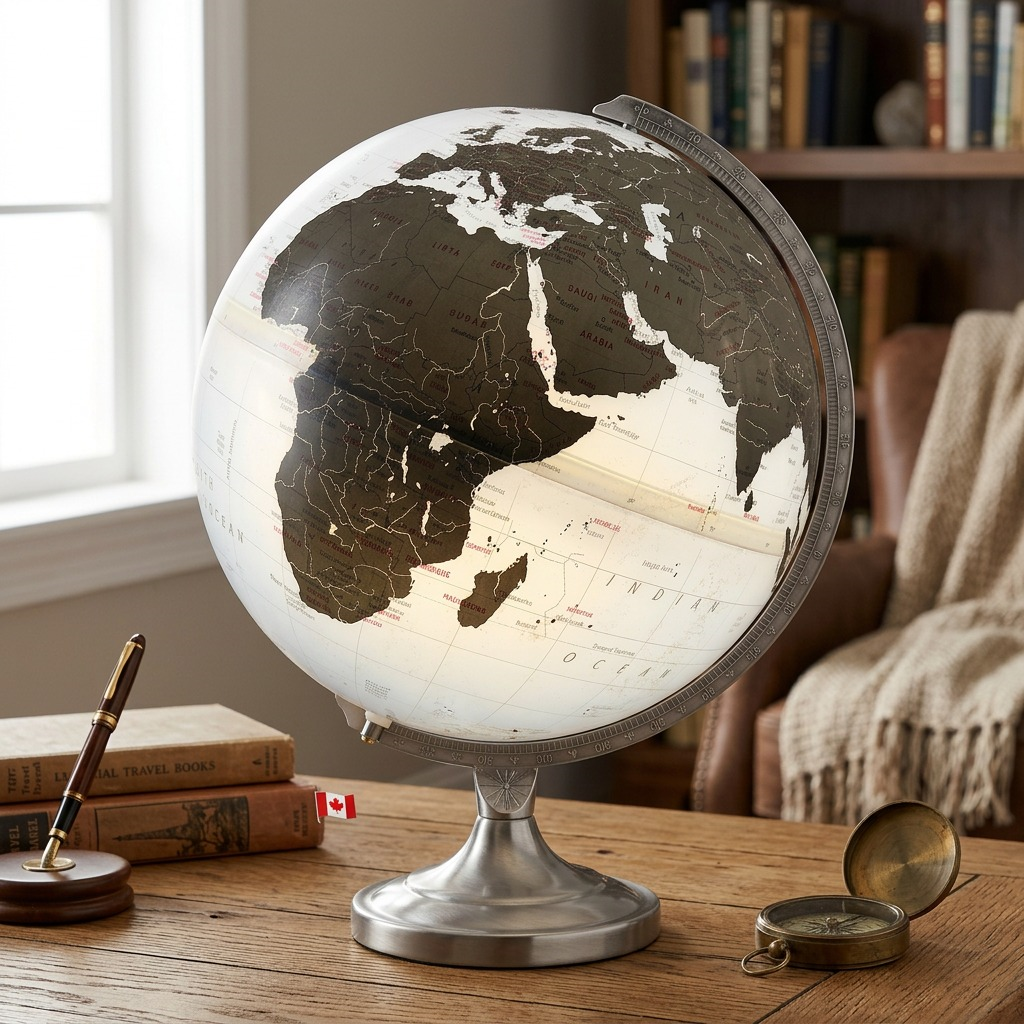 A lifestyle image of the Replogle Kristian illuminated globe on a modern desk, glowing softly with warm light in a cozy home office setting.